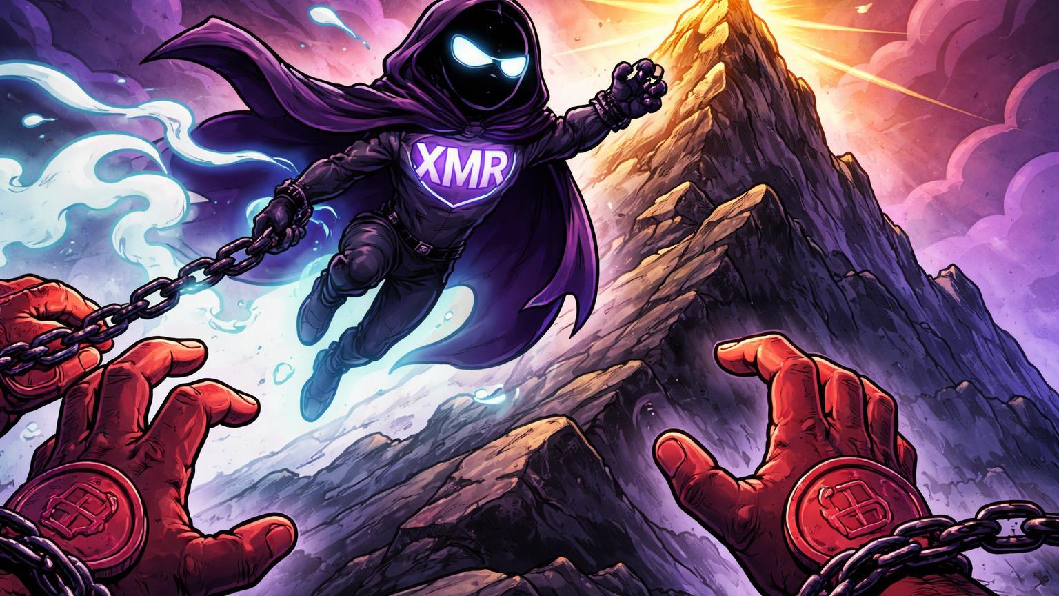 Personagem Monero cartoon como fantasma escalando pico dourado apesar de mãos regulatórias, simbolizando ATH de US$ 695 ignorando ban em Dubai