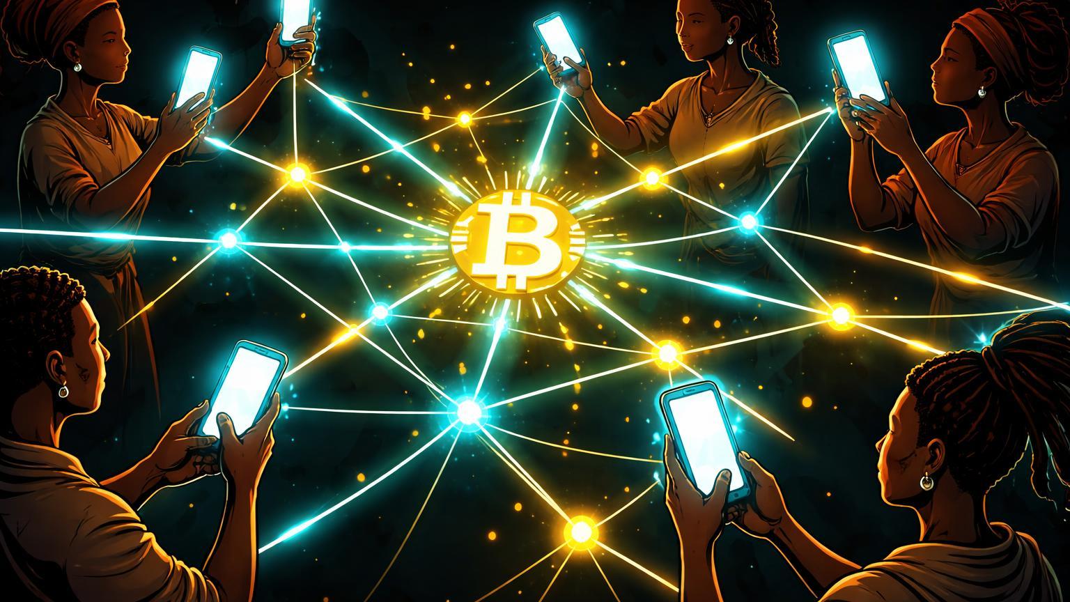 Rede luminosa de Bluetooth conectando silhuetas ugandesas na escuridão, com nó BTC central simbolizando Bitchat contra censura eleitoral