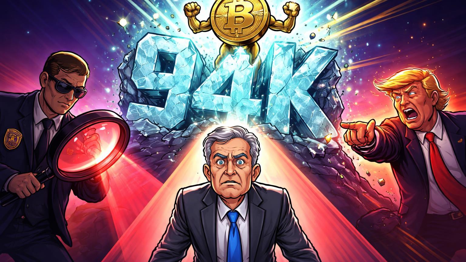 Cena cartoon: Powell sob investigação DOJ com Trump acusando, Bitcoin rompendo barreira 94K, ilustrando prêmio de risco em tensão Fed-Trump