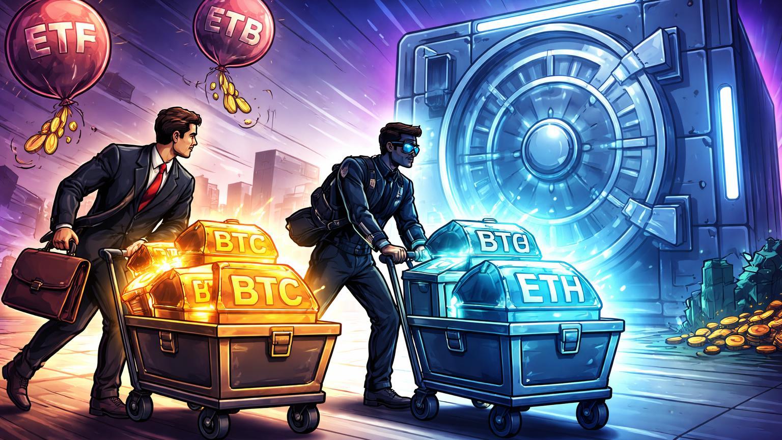 Executivos cartoon transferindo baûs de BTC e ETH para cofre digital, com ETFs murchando ao fundo, simbolizando movimentação de BlackRock para Coinbase