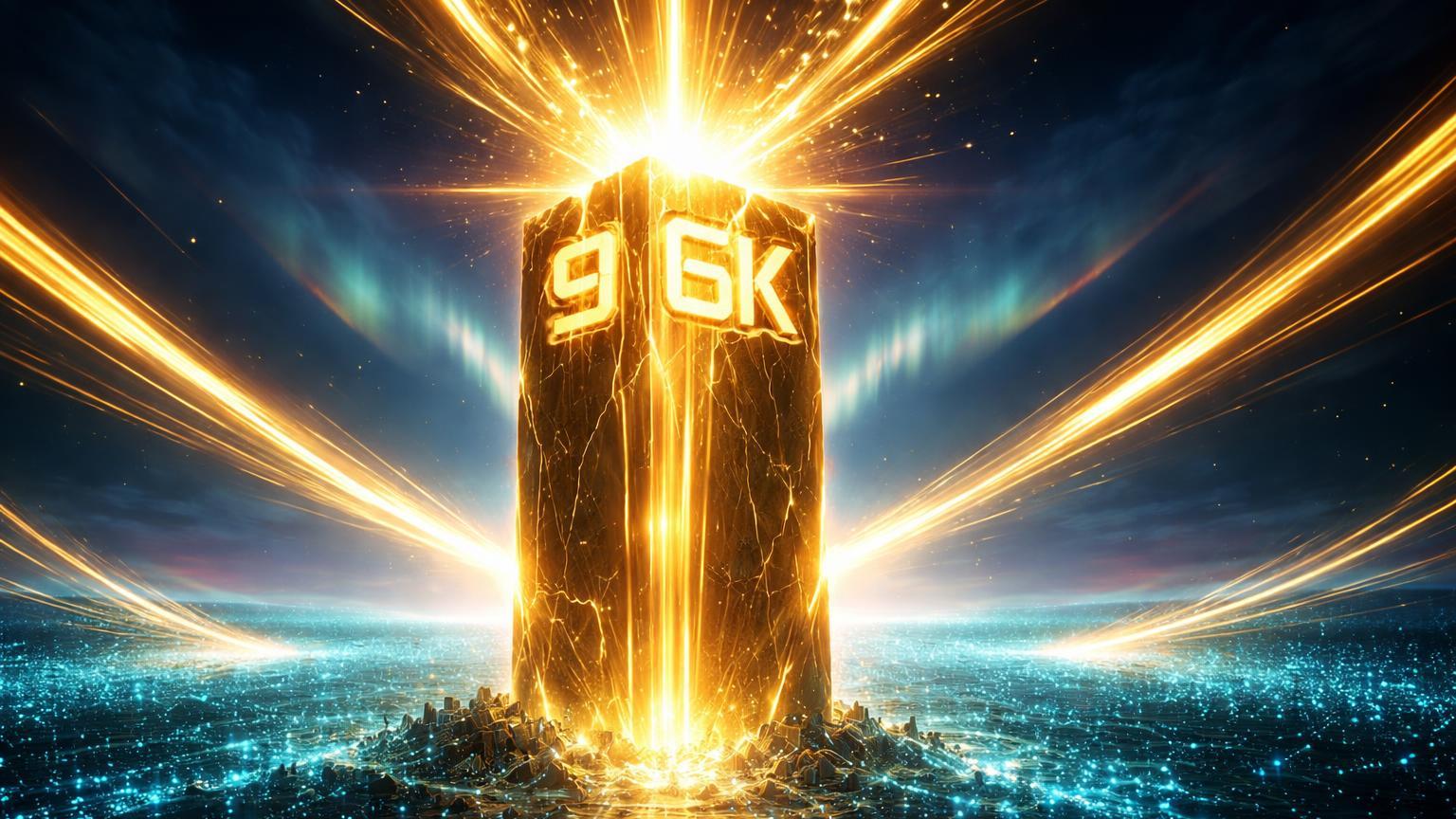 Pilar monolítico dourado com 96K gravado recebendo fluxos de energia de ETFs, aurora otimista e raios de tensão, simbolizando alta do Bitcoin e influxos institucionais