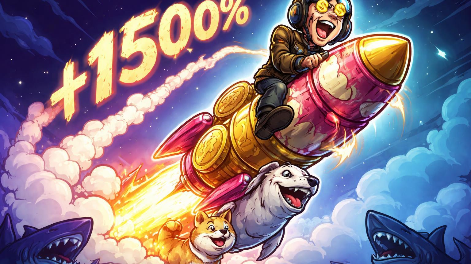 Trader cartoon pilotando foguete instável de meme coins DOGI e WHITEWHALE explodindo +1500%, com rachaduras alertando riscos de FOMO em Solana