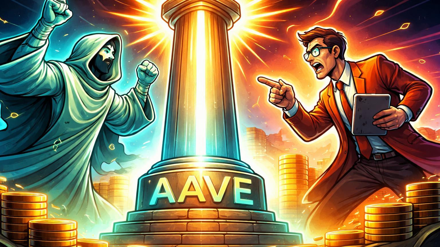 Personagens cartoon DAO e Labs debatendo ao redor de pilar AAVE luminoso intacto, simbolizando disputa mas fundamentos sólidos em DeFi