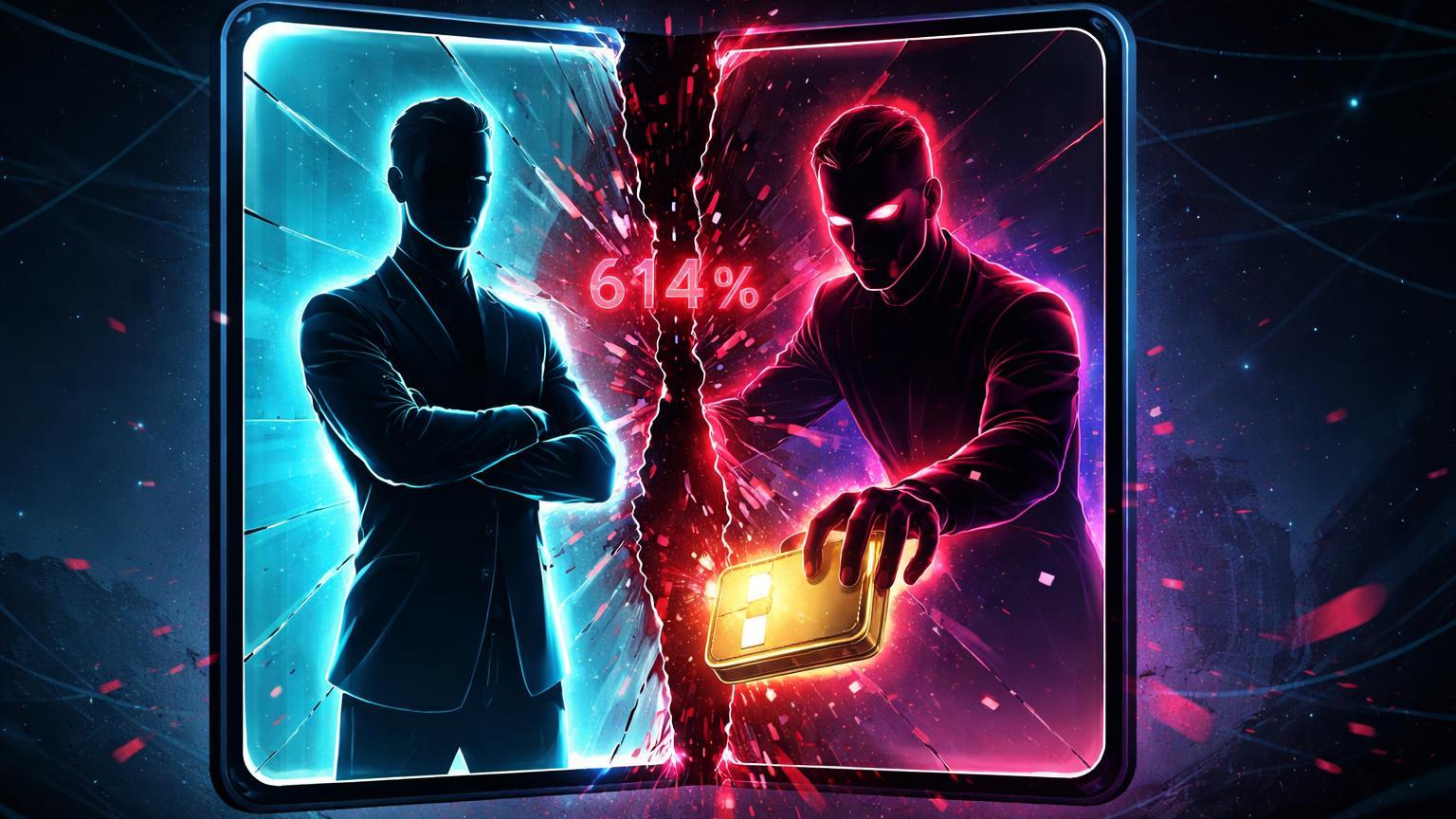 Espelho cyberpunk rachado com silhueta trader e reflexo deepfake roubando carteira, alertando explosão de 614% em scams de IA cripto