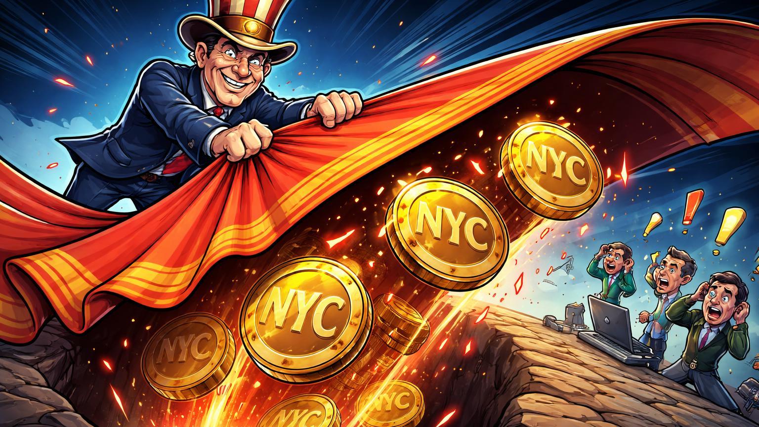 Prefeito cartoon puxando tapete rug pull sob tokens NYC despencando, com investidores chocados, ilustrando acusação contra Eric Adams