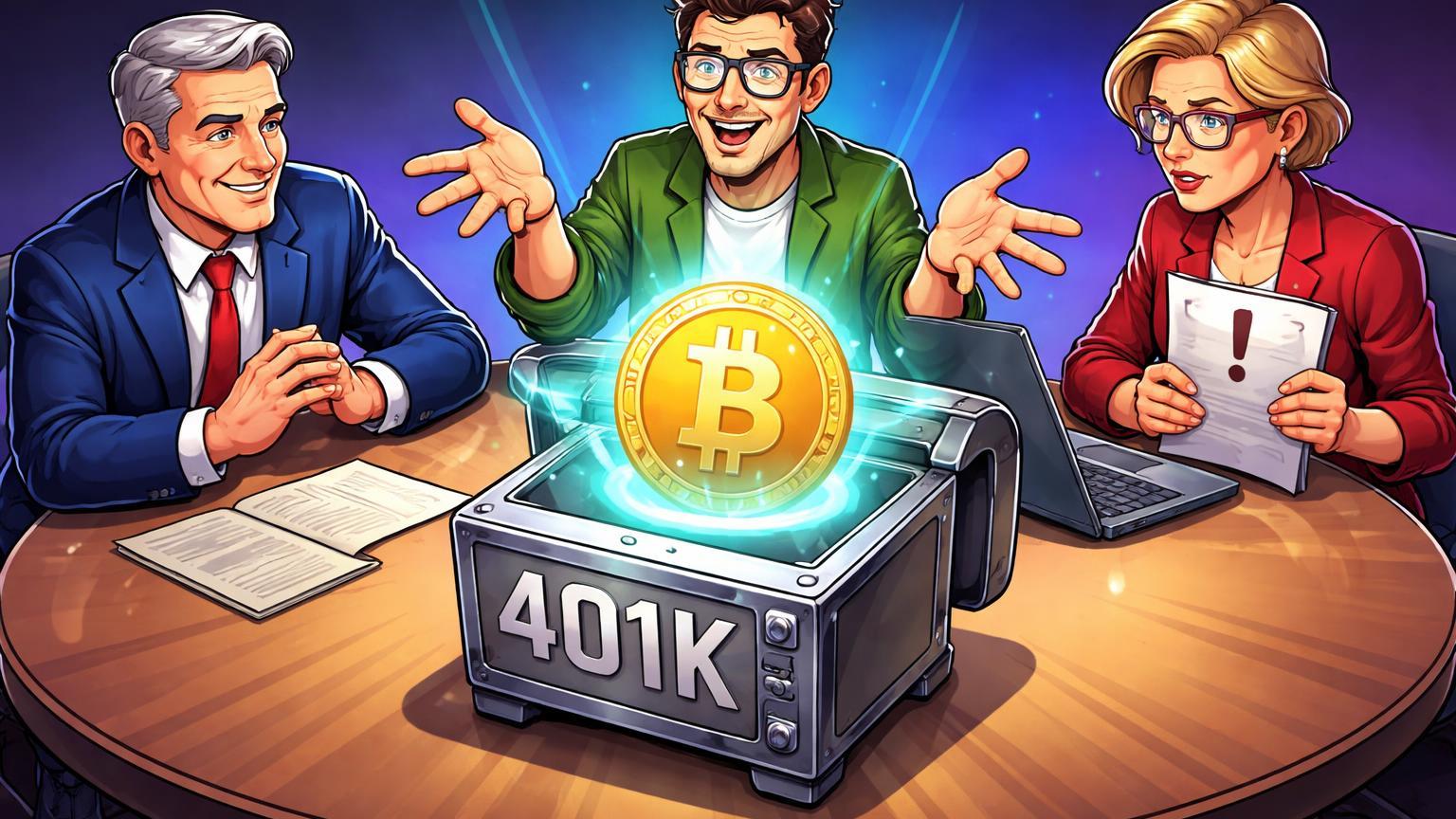 Personagens cartoon debatendo cofre 401(k) abrindo para Bitcoin dourado, simbolizando controvérsia sobre cripto na aposentadoria institucional