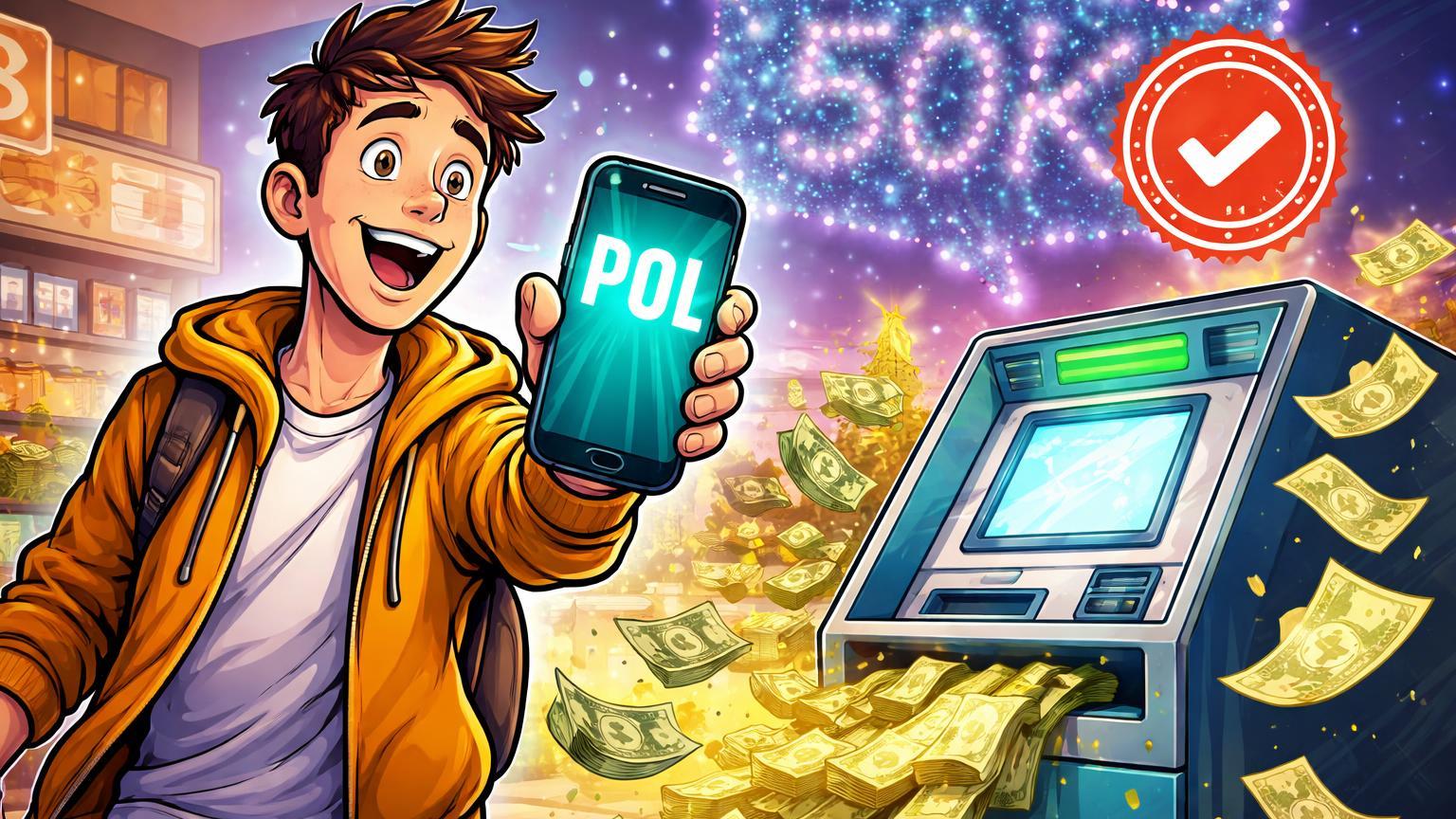 Usuário cartoon convertendo cripto em cash via Polygon em máquina regulada, com rede de 50K pontos nos EUA, simbolizando pagamentos práticos