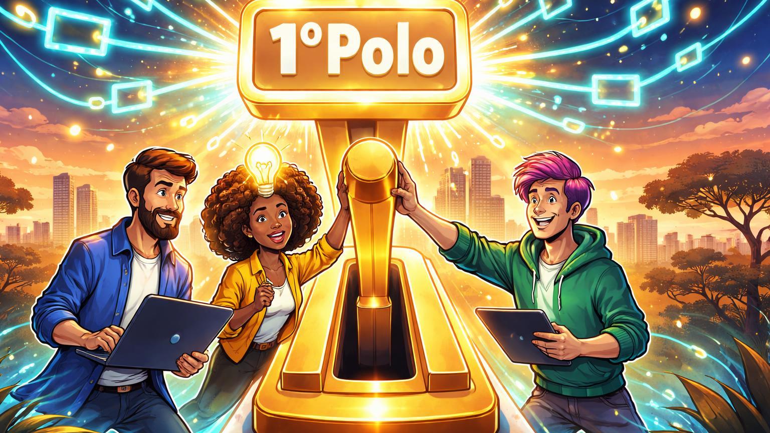 Empreendedores cartoon ativando interruptor que ilumina skyline de Campo Grande com redes blockchain, marcando 1º polo de inovação no Brasil