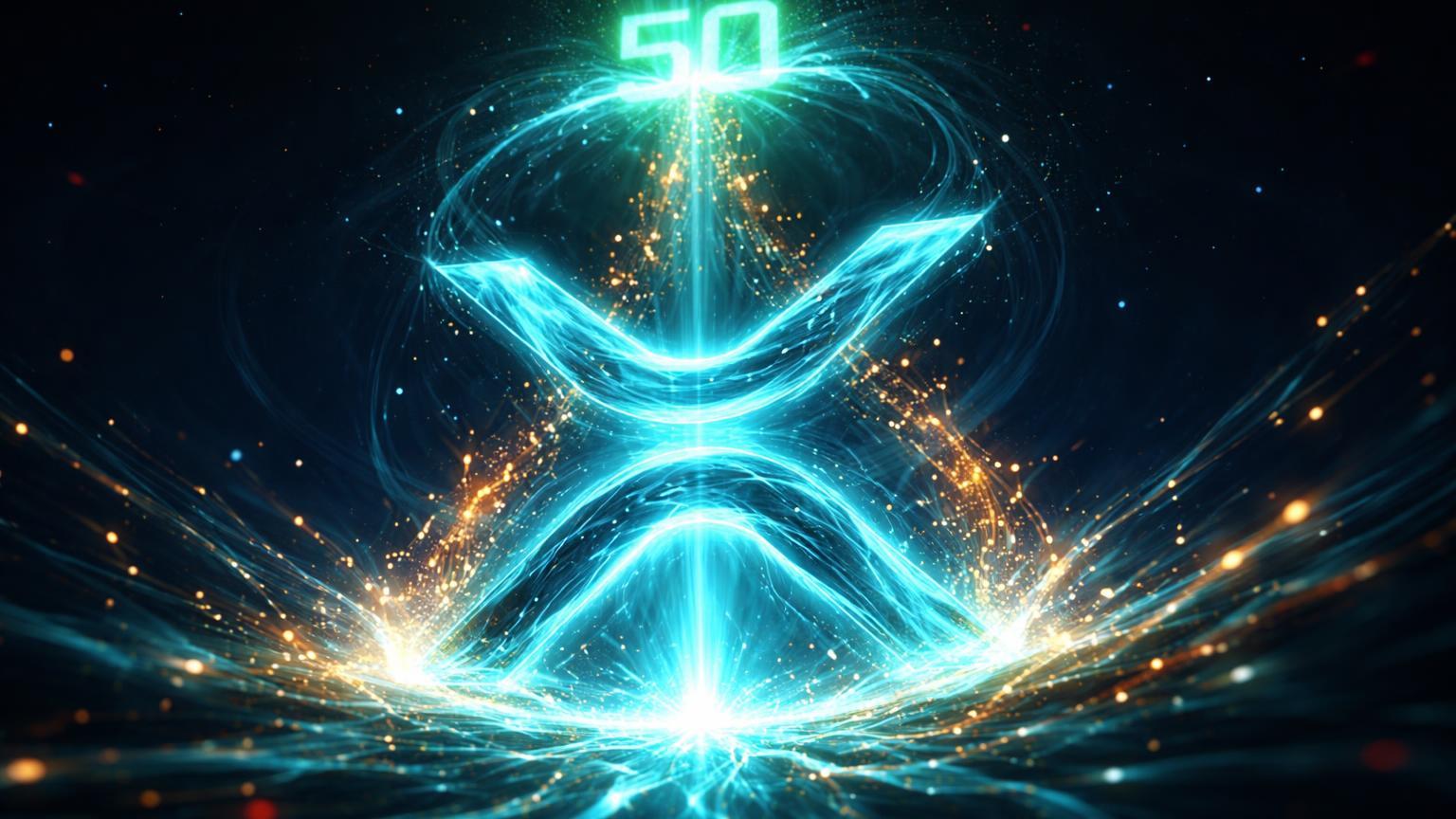 Fluxo de energia cyan formando XRP atraindo partículas douradas de inflows institucionais, mirando portal '50' apesar outflows vermelhos