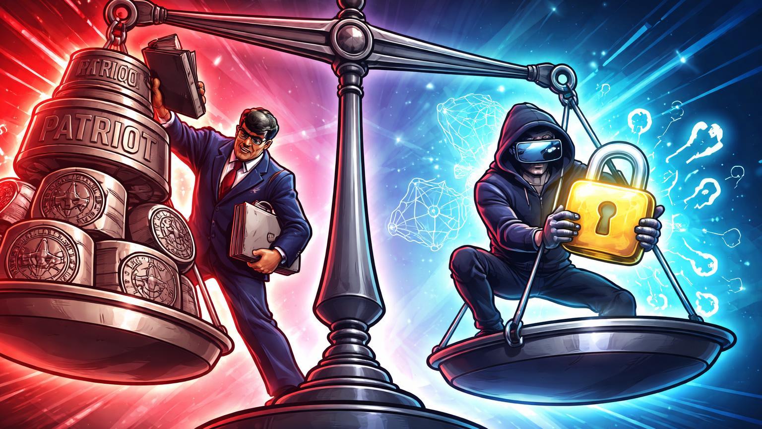 Balança desequilibrada com burocrata cartoon empilhando pesos de vigilância sobre usuário cripto defendendo privacidade, alertando sobre regulação do Senado EUA