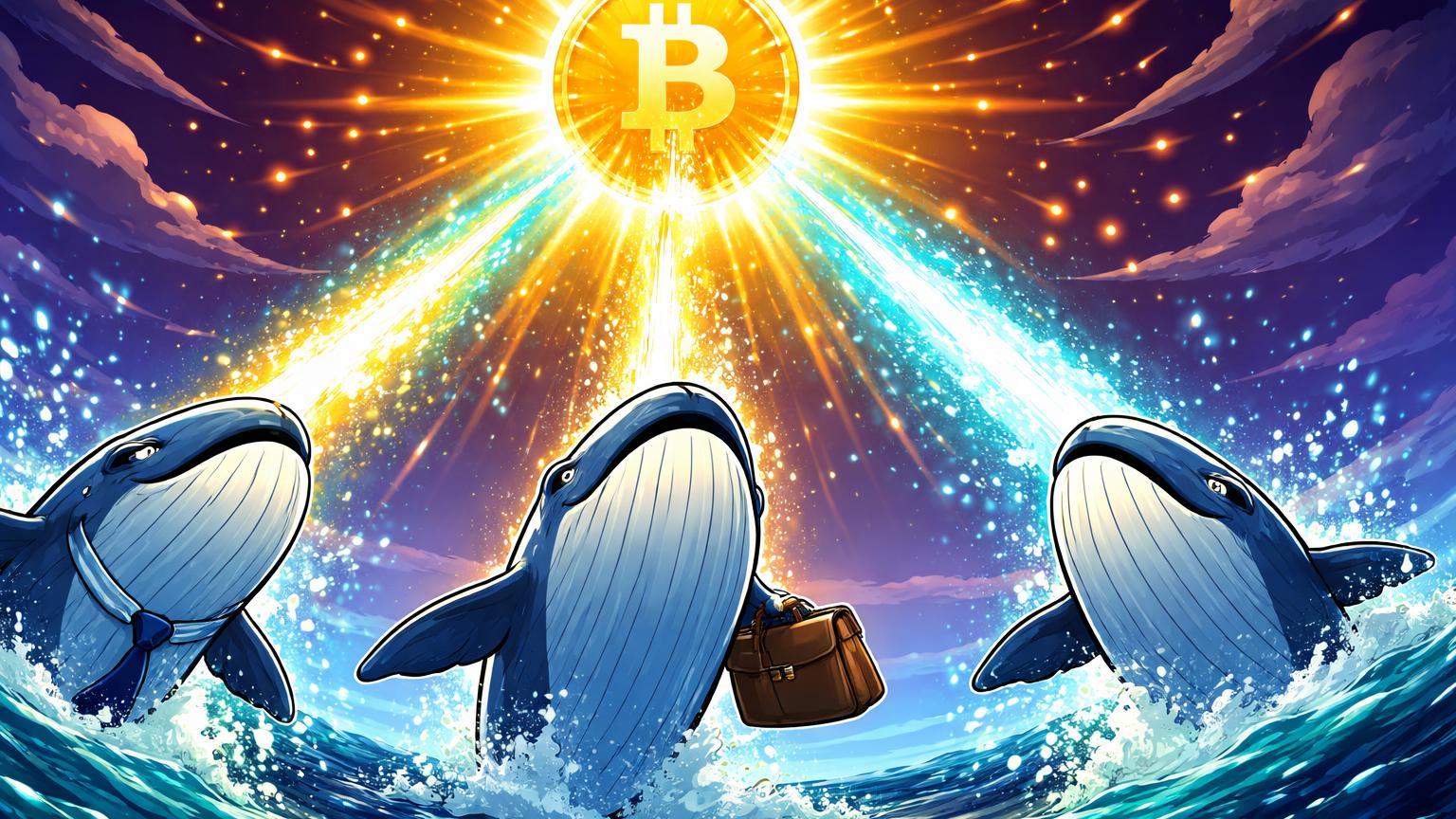 Baleias institucionais cartoon emergindo do oceano soprando influxo dourado para sol Bitcoin, marcando recorde de US$ 753 mi em ETFs BTC