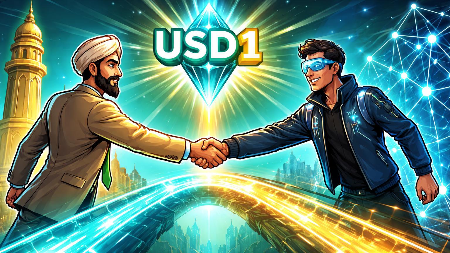 Personagens cartoon diplomata e tech apertando mãos sobre ponte luminosa com USD1, simbolizando adoção de stablecoin pelo Paquistão em pagamentos cross-border