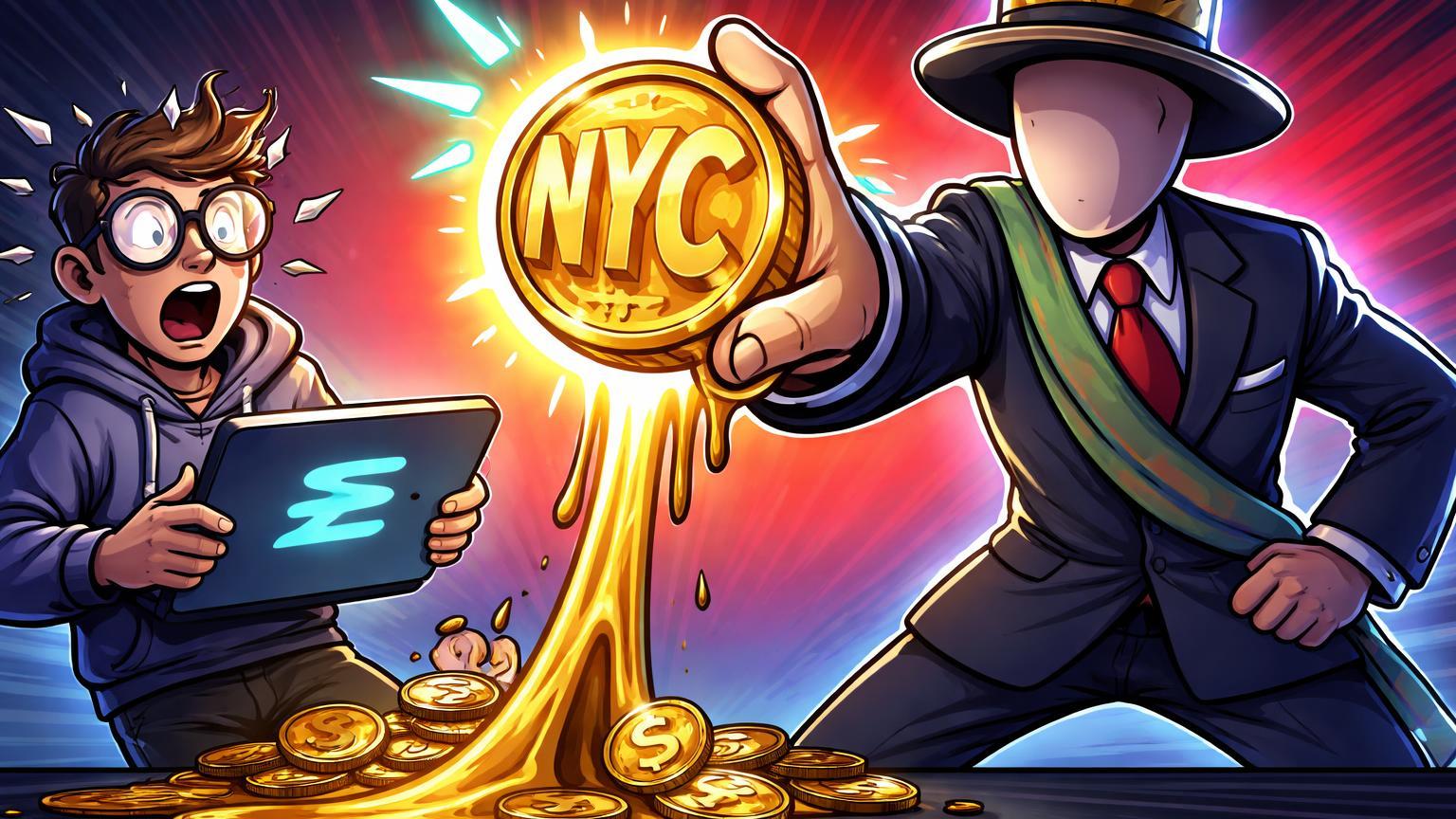 Personagem cartoon de prefeito roubando token NYC de startup com laptop Solana, poça de liquidez vazando, ilustrando acusacão de plágio e rug pull