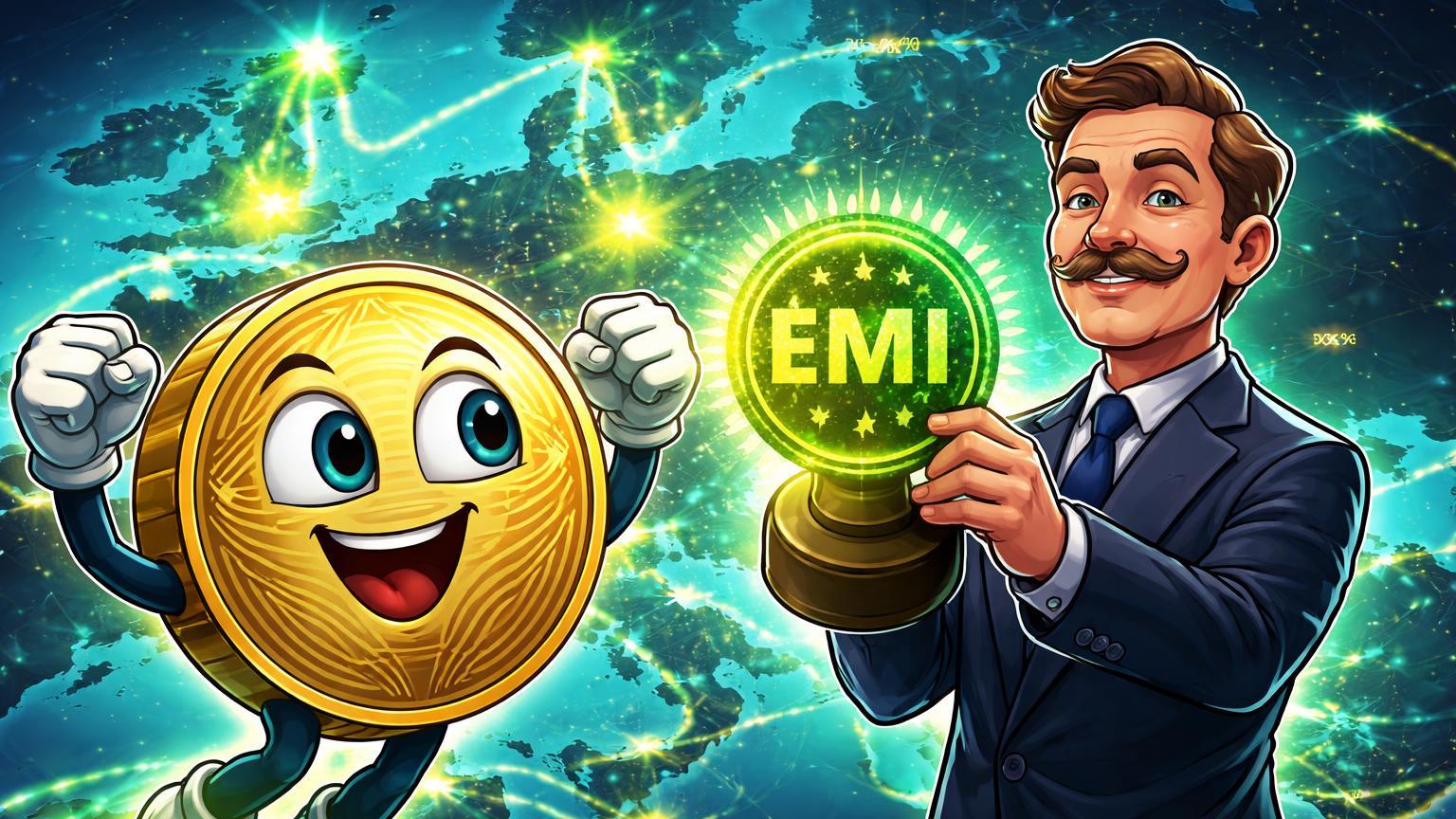 Personagem XRP cartoon recebendo selo verde EMI de regulador europeu sobre mapa da Europa iluminado, simbolizando conquistas regulatórias de Ripple em UK e Luxemburgo