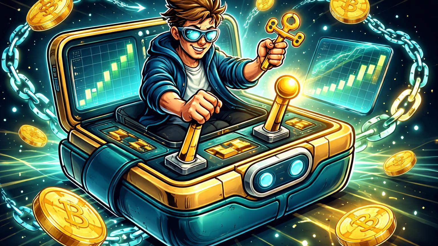 Trader cartoon operando wallet transformada em console de futuros alavancados com alavancas e chains, simbolizando controle DeFi na Binance Wallet
