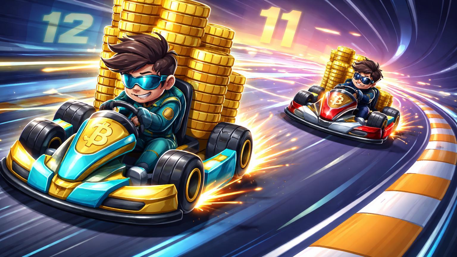 Karts cartoon de Strive ultrapassando Tesla em pista de ranking BTC, simbolizando Strive como 11ª maior detentora corporativa de Bitcoin