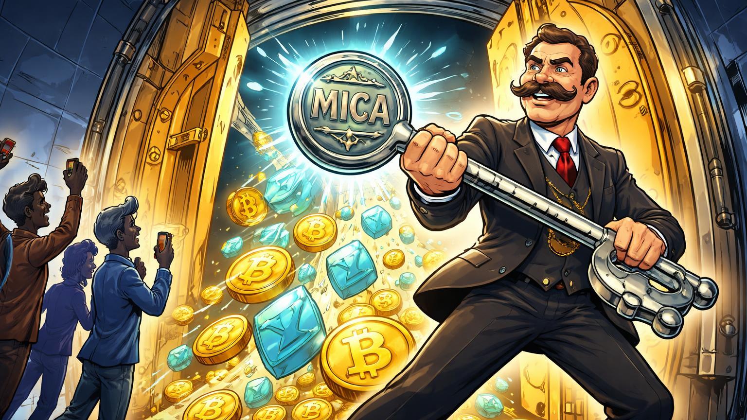 Banqueiro cartoon abrindo cofre com chave MiCA liberando moedas BTC e ETH para clientes com apps, simbolizando aprovação regulatória alemã