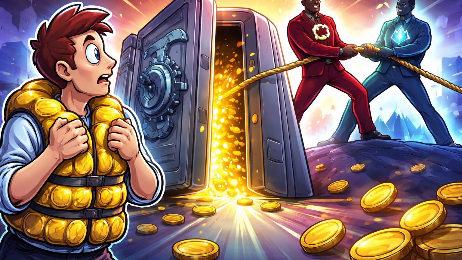 Trader cartoon ansioso diante de cofre FTX semi-aberto derramando moedas, com figuras corporativas em disputa litígio contra Genesis