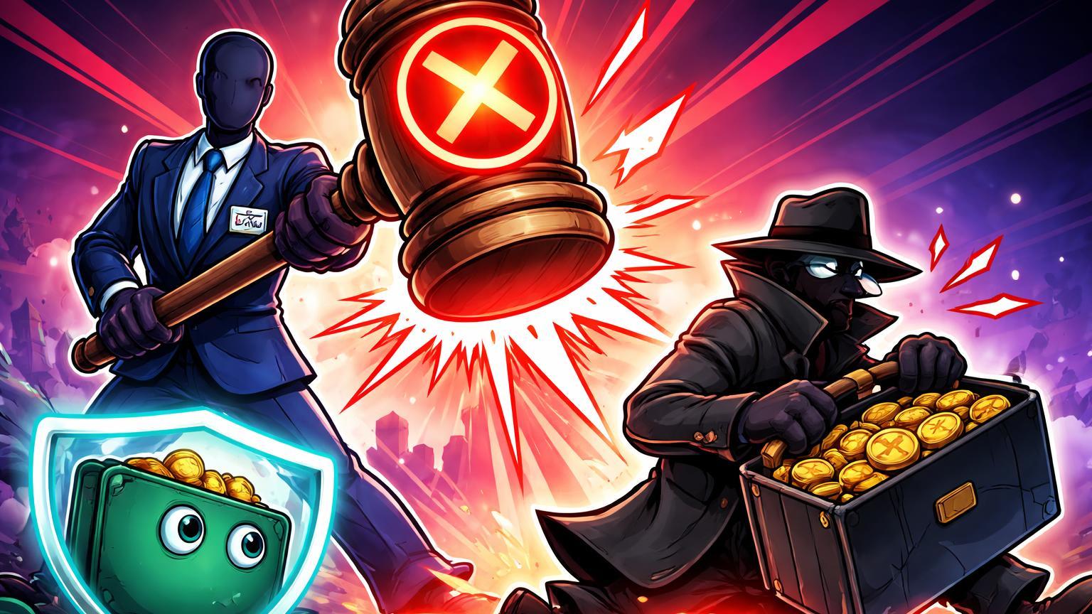Autoridade regulatória cartoon batendo martelo de proibição sobre empresa irregular de cripto, protegendo carteira de investidor dos riscos