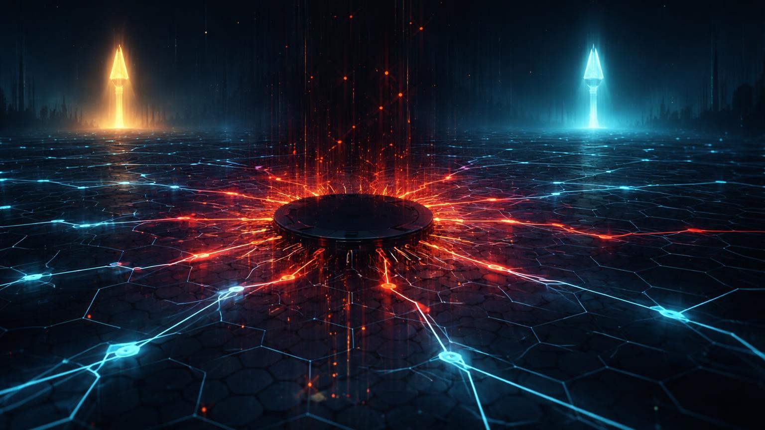 Rede hexagonal digital com centro paralisado em vermelho contrastando pilares estáveis dourado e cyan, ilustrando outage na Sui