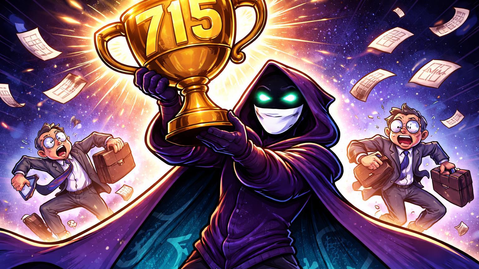 Personagem Monero cartoon vitorioso erguendo troféu com 715 gravado, reguladores tropeçando atrás, simbolizando Efeito Streisand e ATH apesar de regulação