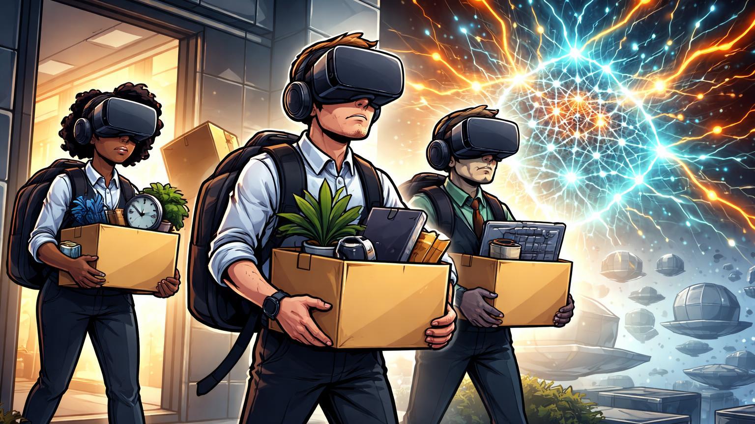 Personagens cartoon com headsets VR carregando caixas saindo de prédio, rede IA emergente ofuscando metaverso, ilustrando layoffs na Reality Labs da Meta