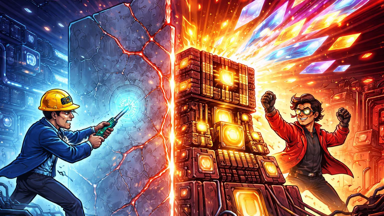 Personagens cartoon de engenheiros tech em lados opostos de muro digital, com inovação Huawei gerando IA desafiando dominância Nvidia em tensões geopolíticas