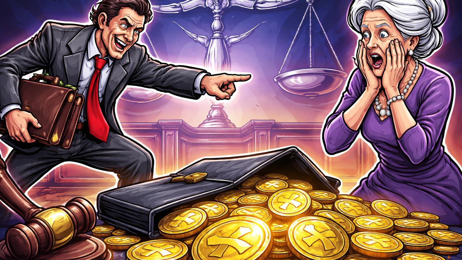 Personagens cartoon de ladrão processando viúva chocada com moedas XRP derramadas, ilustrando fraude bizarra e riscos no criptomercado