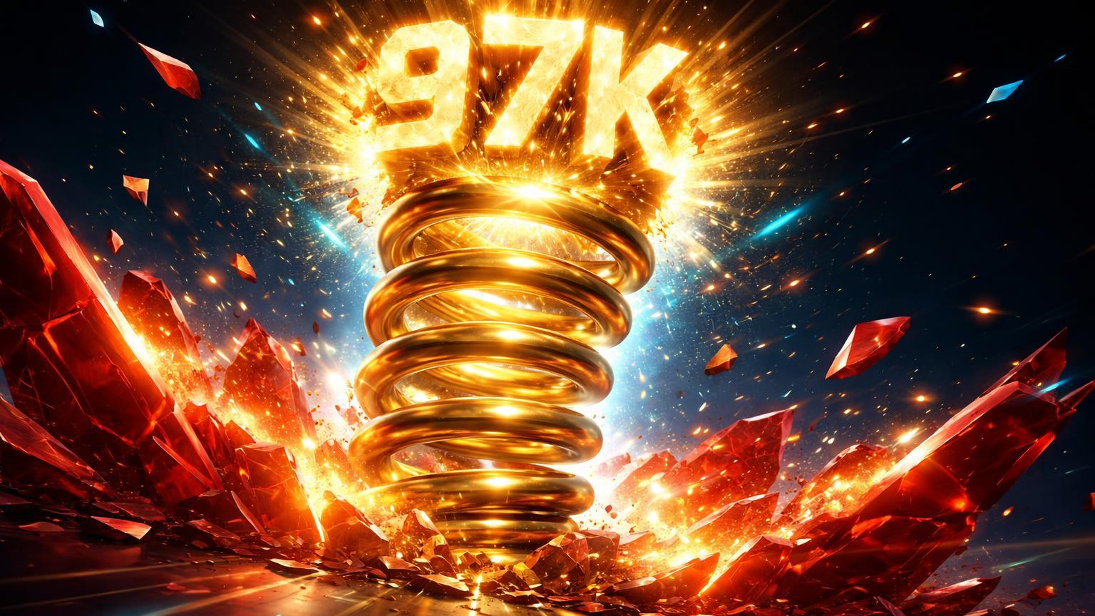 Mola dourada expandindo esmagando barreiras vermelhas com 97K luminoso emergindo, simbolizando short squeeze e rally do Bitcoin acima de US$ 97 mil