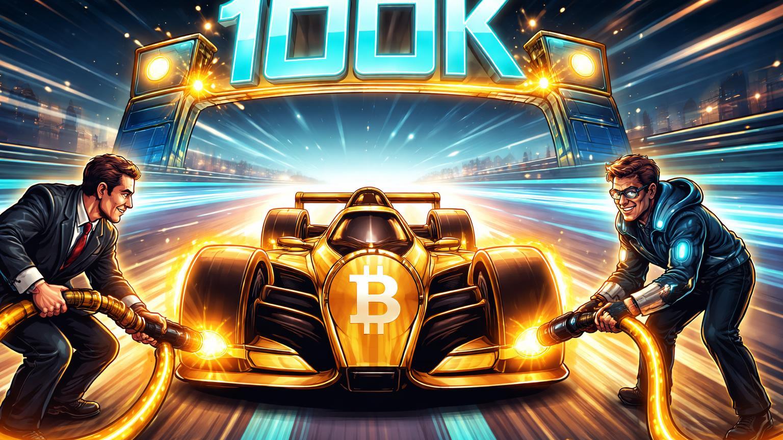 Carro de corrida Bitcoin cartoon abastecido por influxos dourados de executivos institucionais, acelerando para linha de chegada 100K