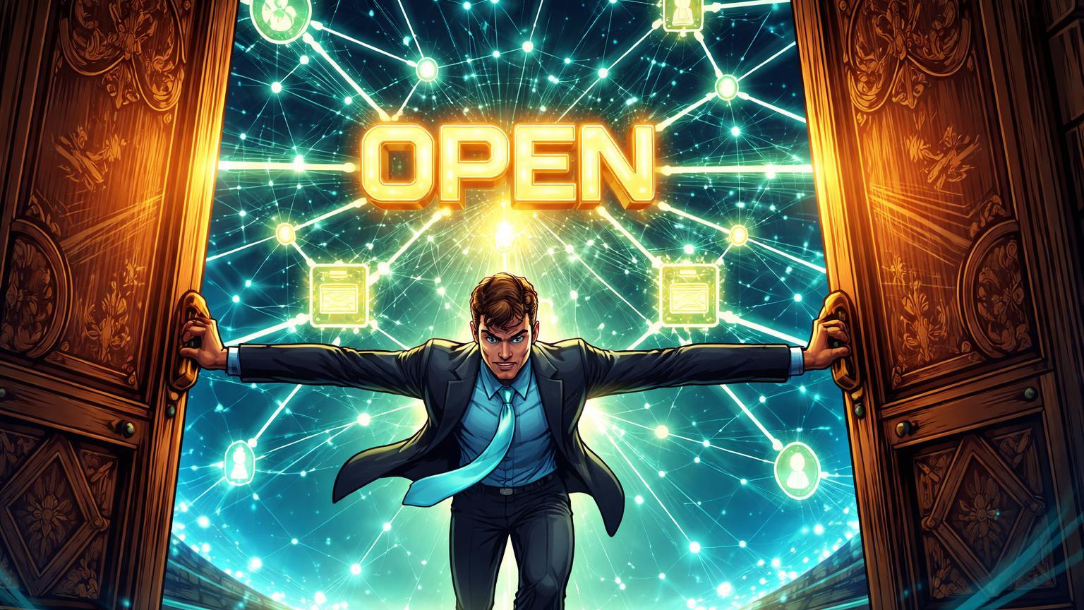 Personagem cartoon abrindo portas tradicionais de bolsa para rede blockchain com 'OPEN' central, simbolizando lançamento da OPEN Network para ações tokenizadas on-chain