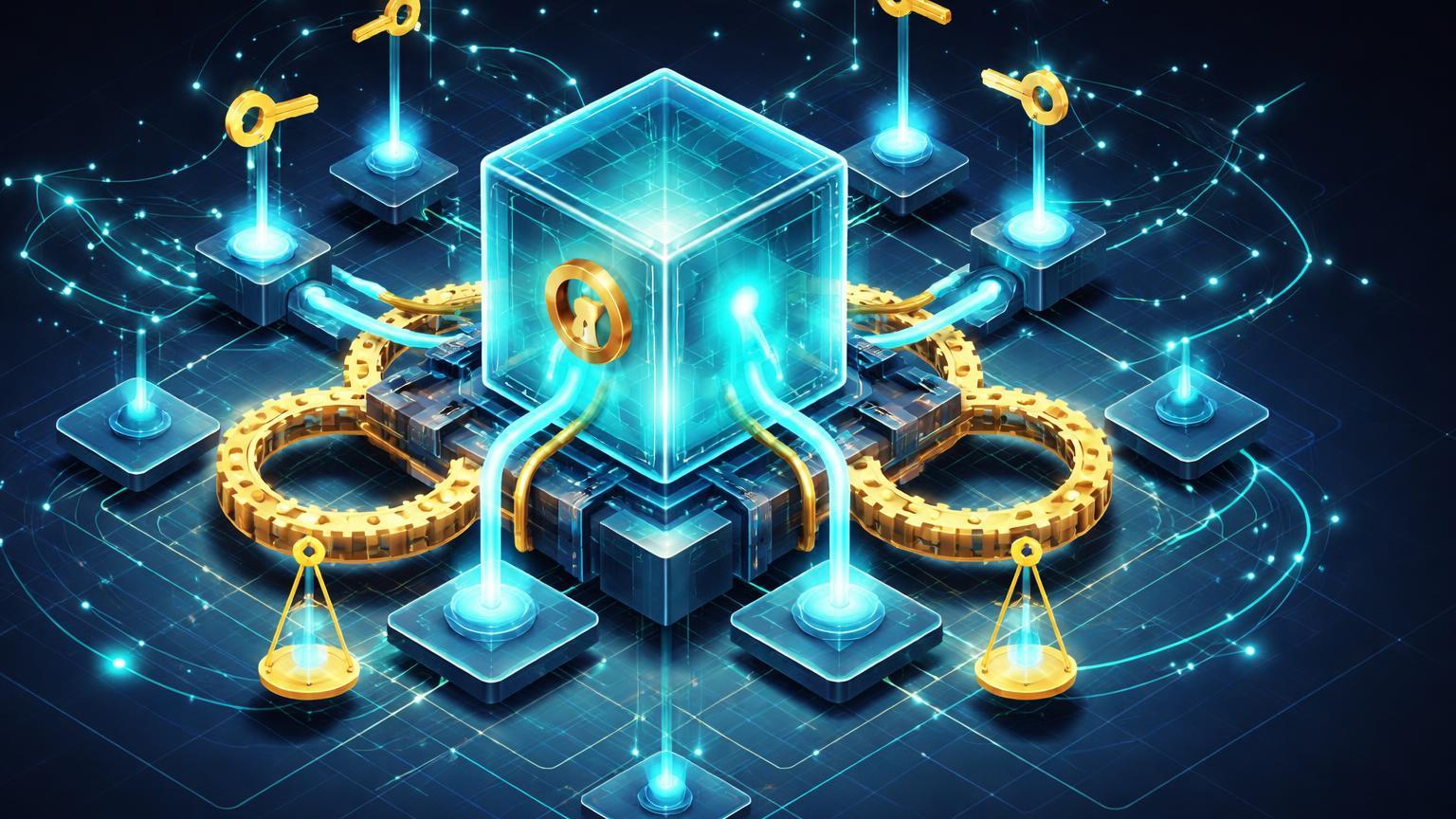 Estrutura isométrica de wallet cristalina conectada a engrenagens perpétuas e balanças de alavancagem, simbolizando integração Binance Wallet-Aster em DeFi autocustódia