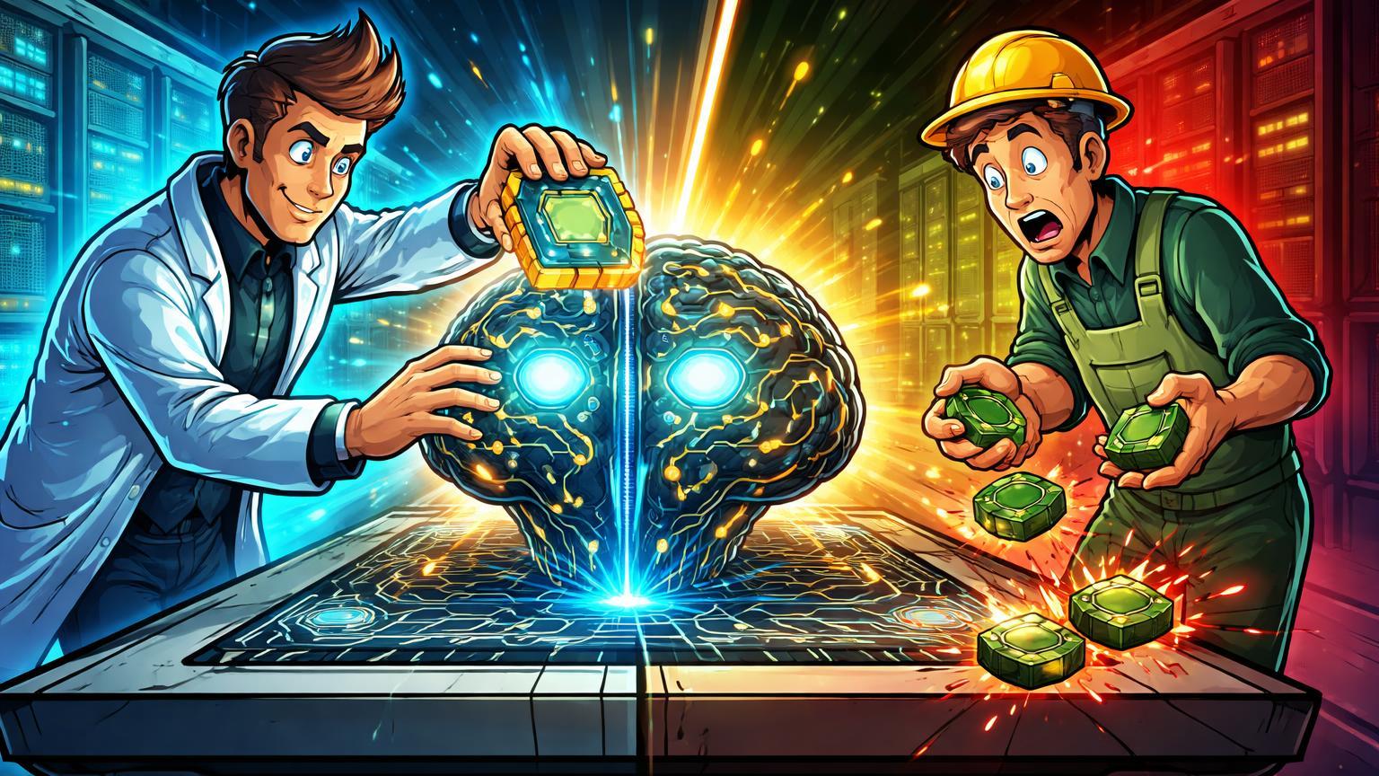 Engenheiros cartoon competindo: um ativa IA com chip hexagonal cyan enquanto outro perde chips verdes, simbolizando avanço chinês em IA sem Nvidia
