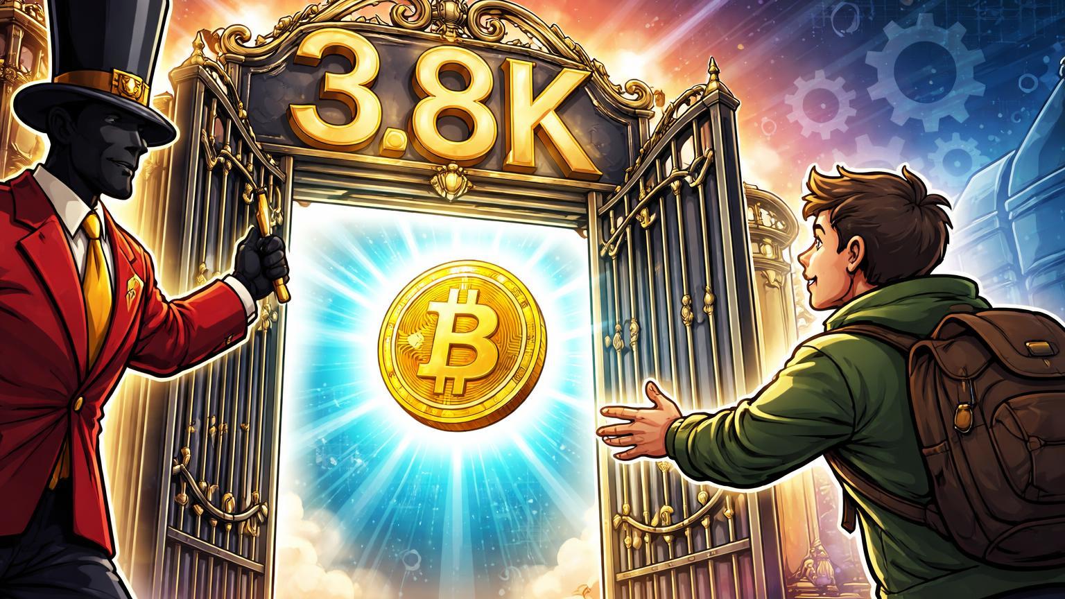Figura regulatória cartoon abrindo portão com '3.8K' para investidor comum recebendo Bitcoin, simbolizando lei russa de cripto ao varejo