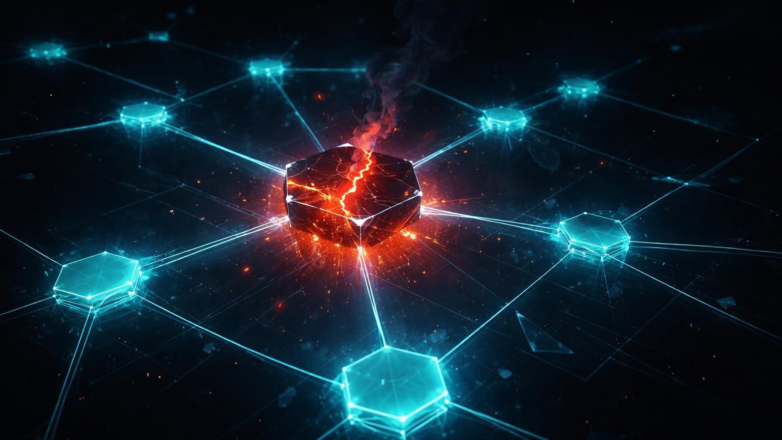 Rede hexagonal digital com nó central rachado vazando energia vermelha, simbolizando outage e instabilidade na blockchain Sui