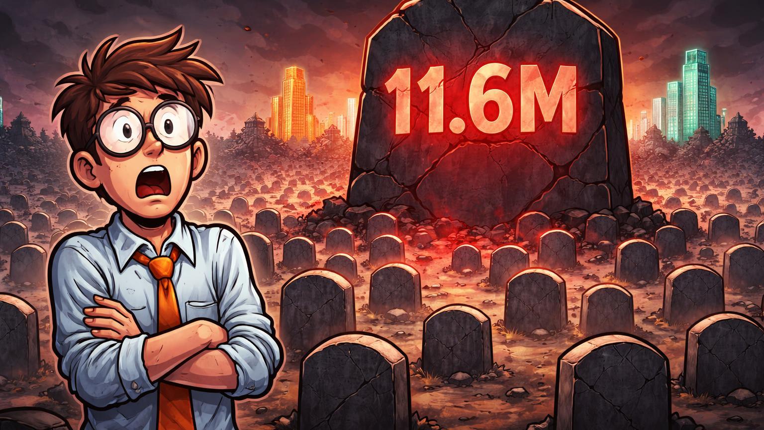 Trader cartoon chocado diante de cemitério de lápides com obelisco 11.6M, ilustrando falência de milhões de tokens lixo em 2025