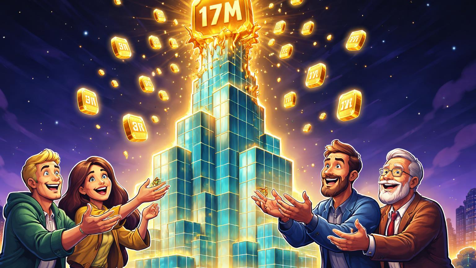 Torre imobiliária fragmentando em tokens coletados por investidores cartoon, com '17M' destacado, simbolizando captação em tokens ROOF pela Rooftop e Mercado Bitcoin