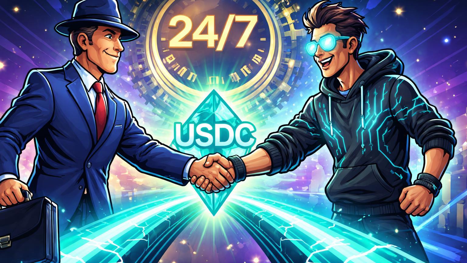 Personagens cartoon de banqueiro tradicional e trader cripto apertando mãos sobre ponte com USDC, simbolizando depósitos instantâneos 24/7