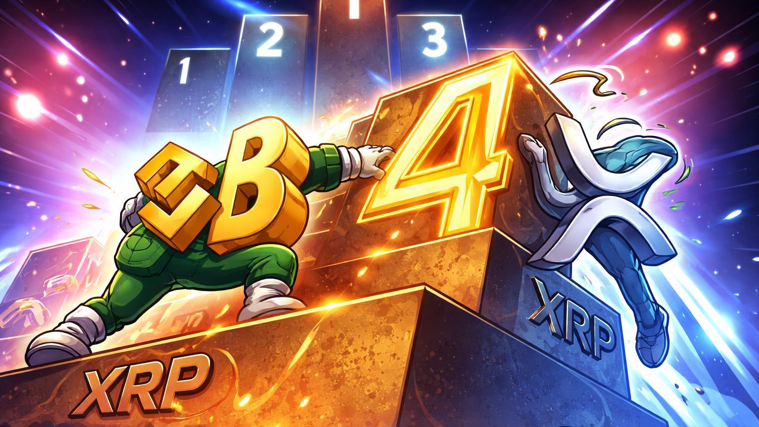 Personagens cartoon BNB e XRP disputando quarto degrau de pódio digital, BNB ultrapassando XRP no ranking de market cap de altcoins
