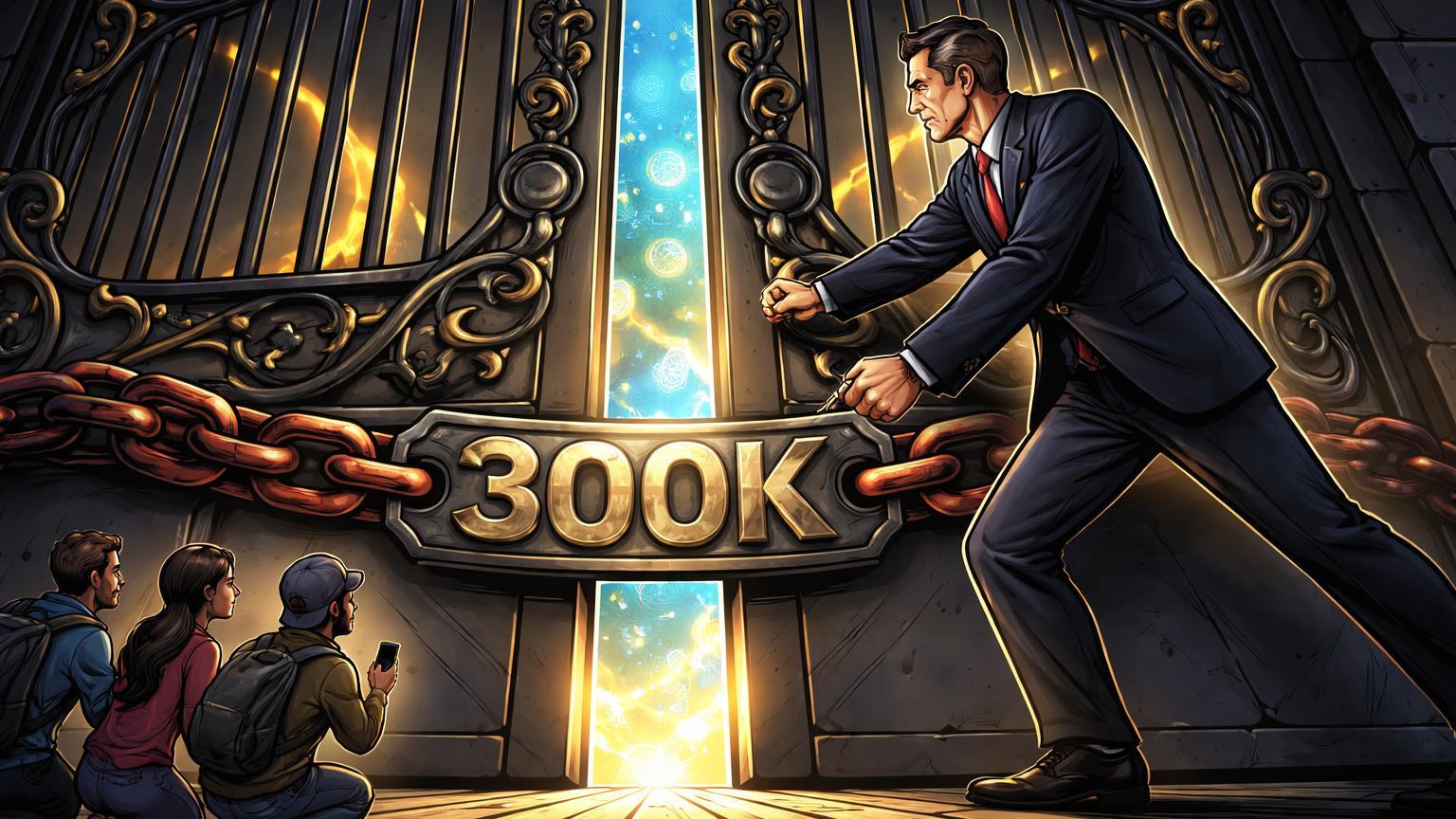 Figura governamental cartoon abrindo portão com fenda limitada e '300K' em corrente, para investidores acessarem cripto, simbolizando lei russa restritiva