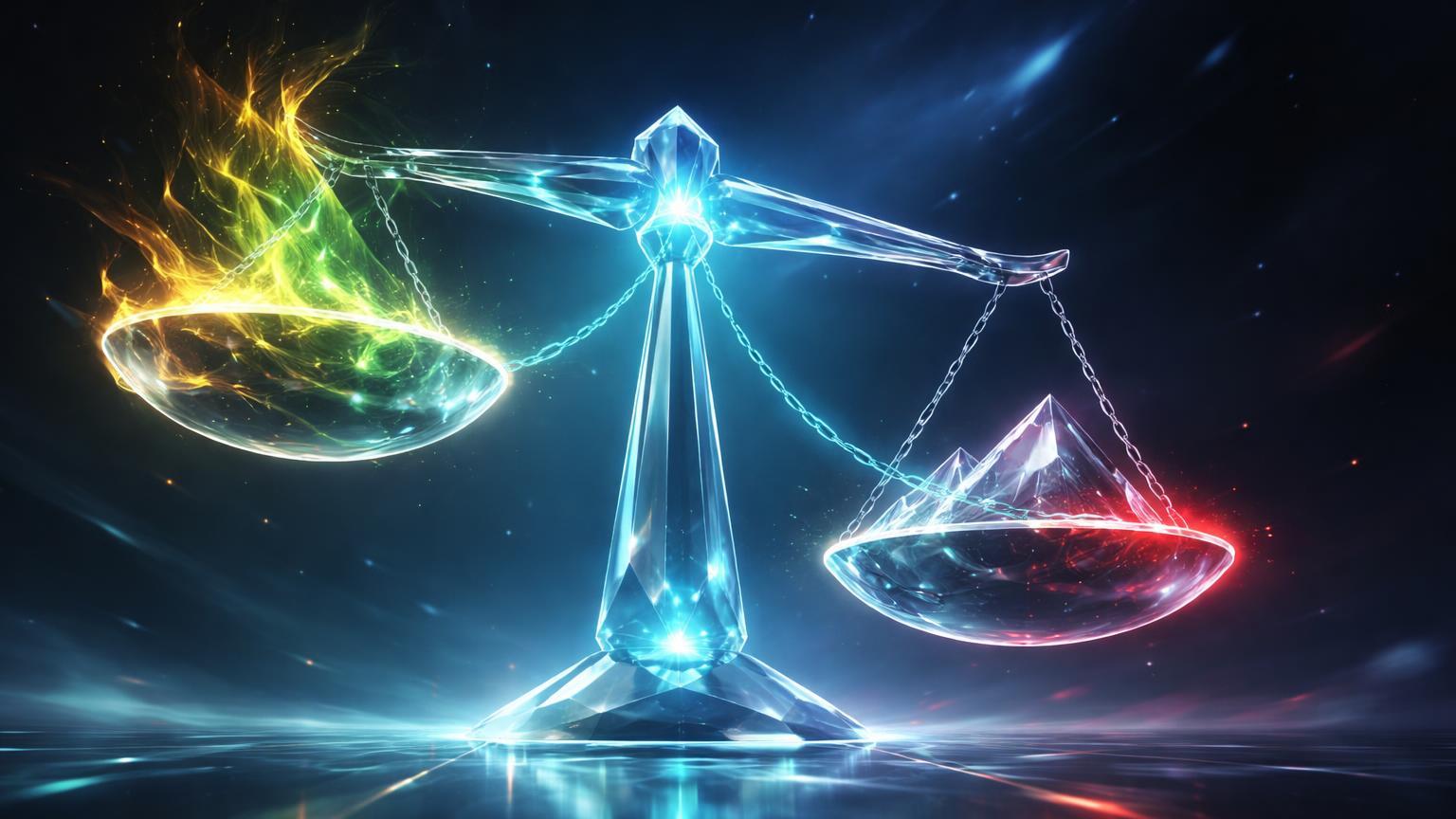 Balança glassmorphism inclinada para ganância dourada com barreira de resistência vermelha, representando índice Fear & Greed do Bitcoin em zona de cautela