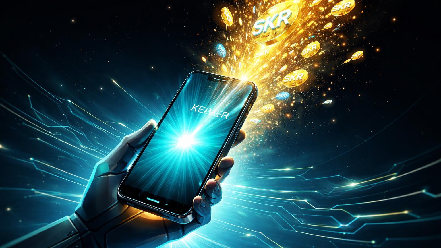 Smartphone Seeker expelindo enxame de tokens SKR dourados luminosos, simbolizando airdrop bilionário e Phone-to-Earn da Solana Mobile