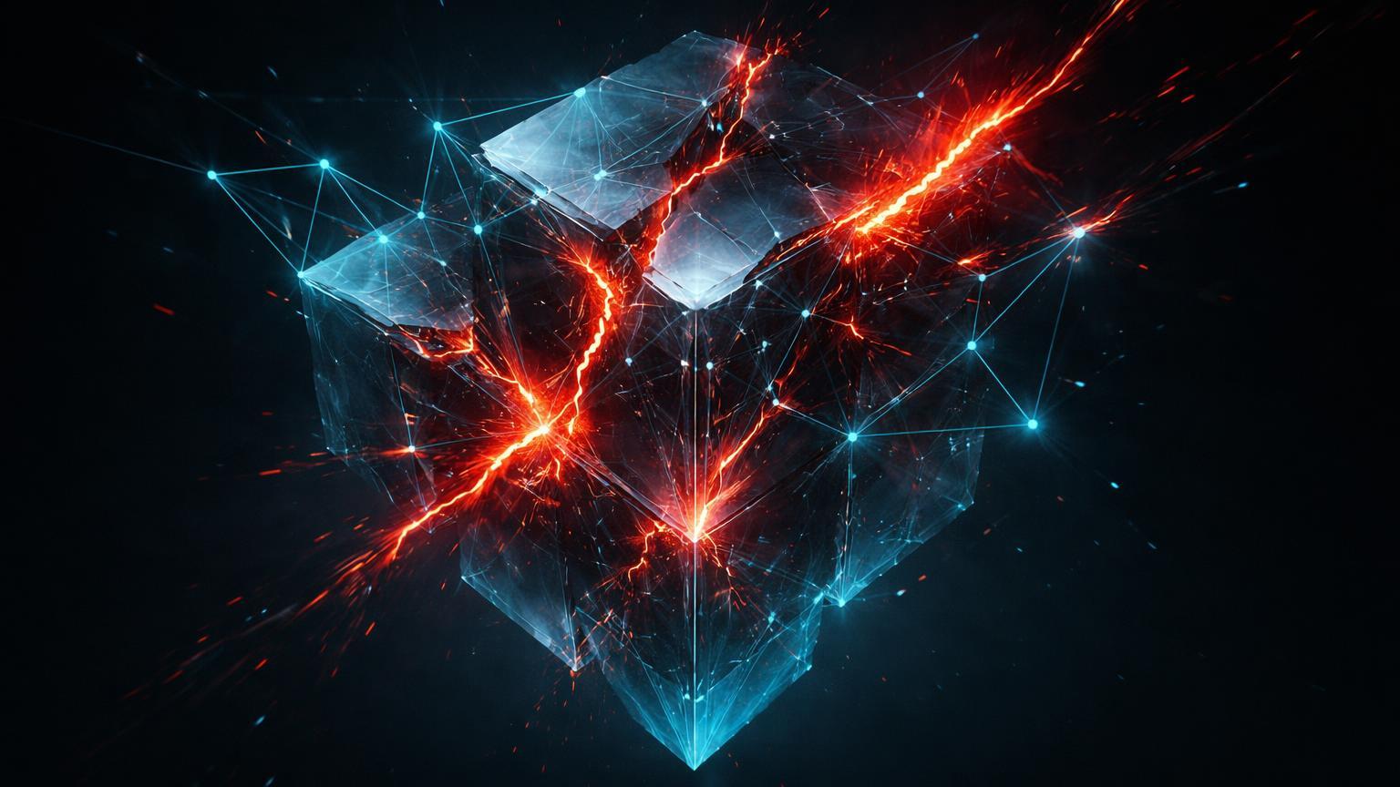 Cristal geométrico digital rachando com pulsos vermelhos instáveis, simbolizando outage de 6 horas no blockchain Sui e falha de resiliência