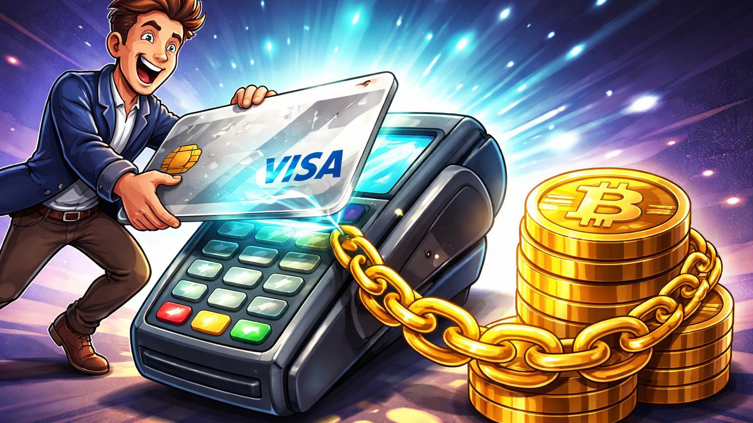 Personagem cartoon passando cartão Visa conectado por corrente dourada a pilha de BTC intacta, simbolizando crédito com colateral cripto na Argentina