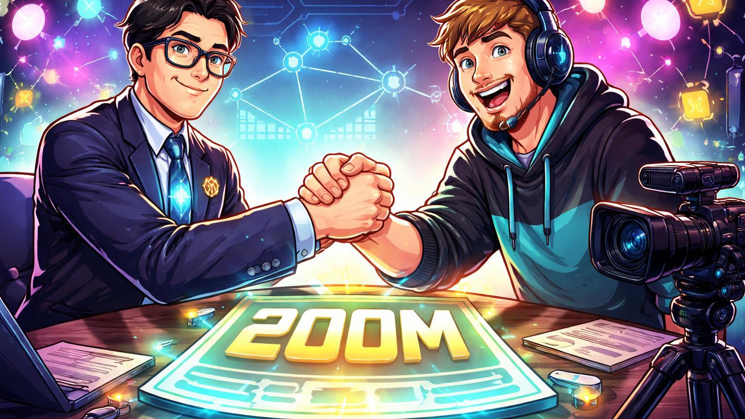 Personagens cartoon estilizados de analista cripto e criador de conteúdo selando parceria com contrato '200M' luminoso, unindo DeFi Ethereum e YouTube