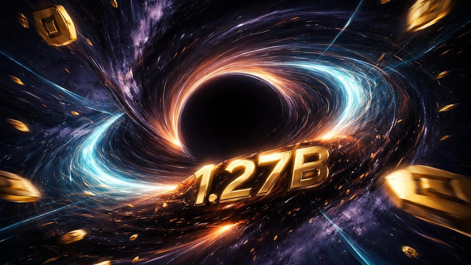 Buraco negro cósmico sugando partículas BNB douradas e '1.27B', simbolizando queima de US$ 1,27 bi pela BNB Chain