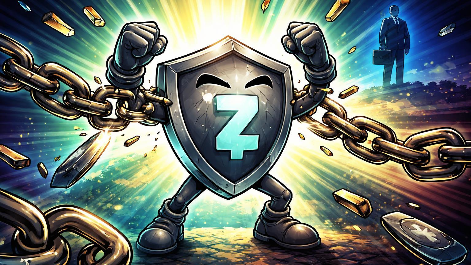 Personagem escudo Zcash cartoon rompendo correntes regulatórias, simbolizando encerramento da investigação SEC sem enforcement