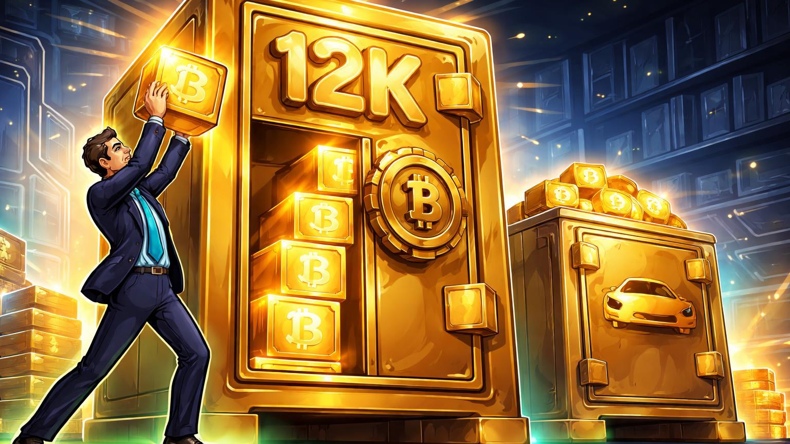 Gestor cartoon empilhando blocos BTC em cofre corporativo superando Tesla, com '12K' gravado, simbolizando adoção recorde