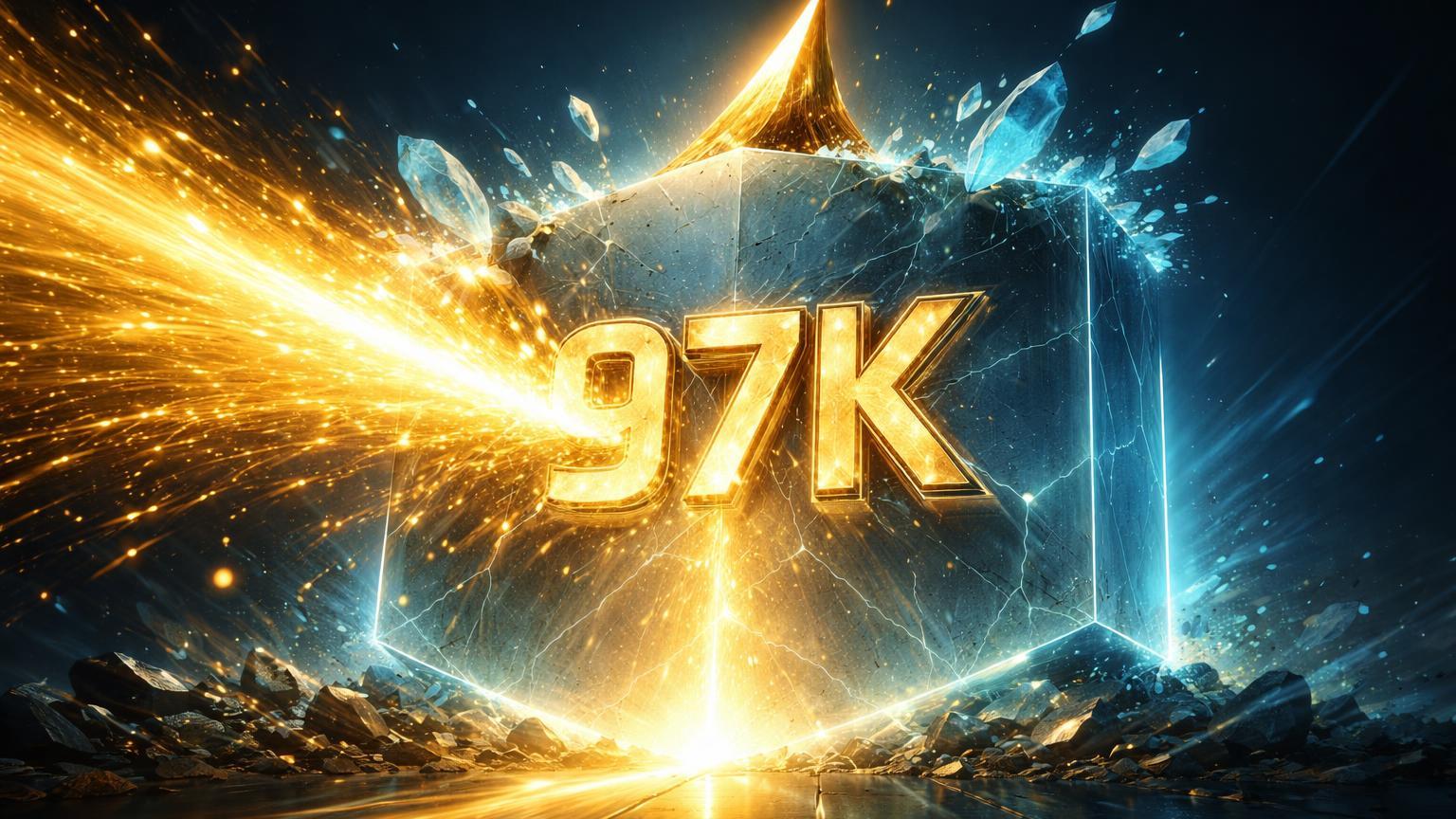 Torrente dourada rompendo barreira cristalina com 97K entalhado, simbolizando Bitcoin superando US$97K com US$1,7 bi em inflows de ETFs