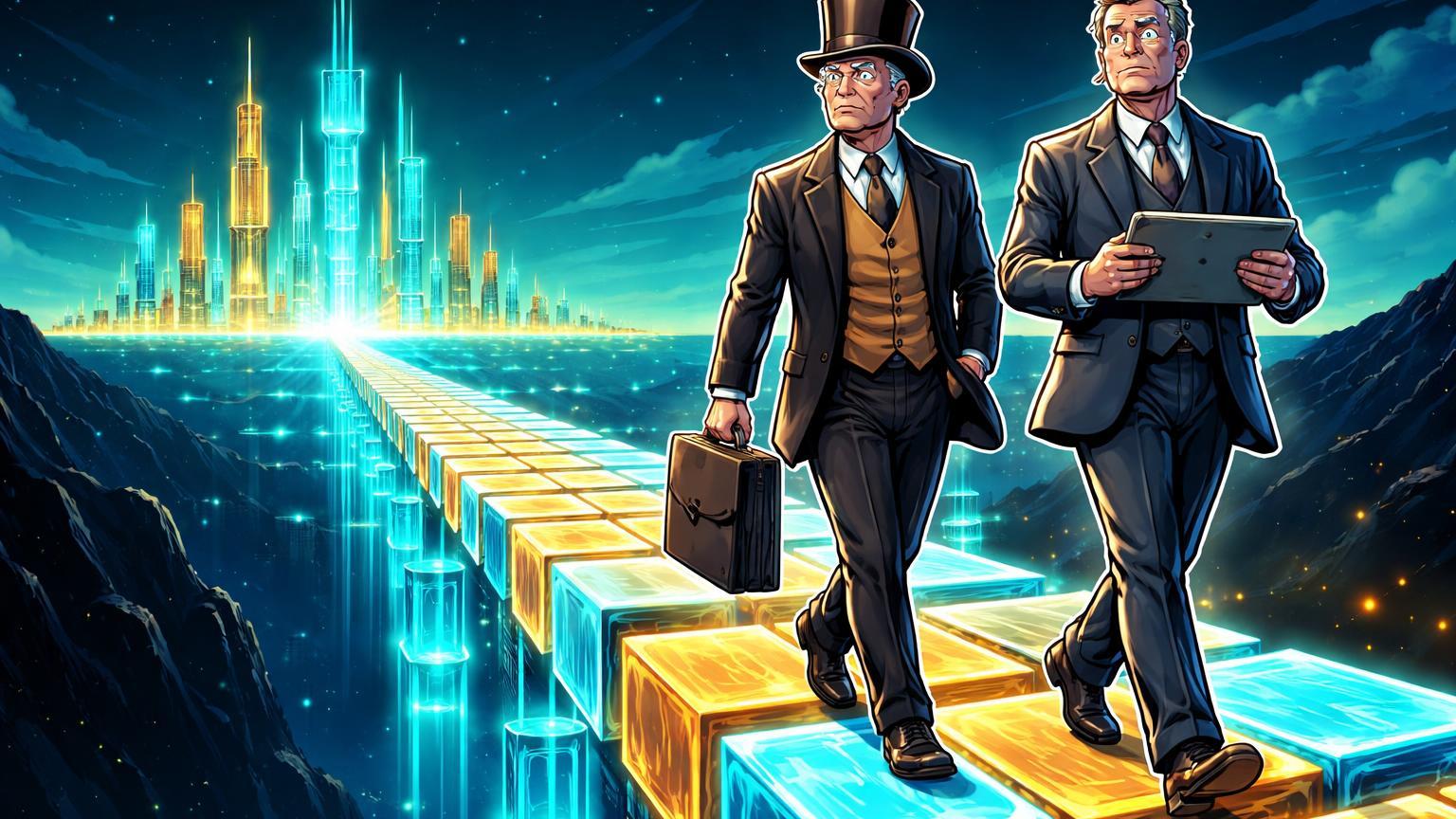 Executivos cartoon da velha guarda financeira cruzando ponte de blockchain luminosa para cidade futurista, simbolizando Swift e State Street na tokenização